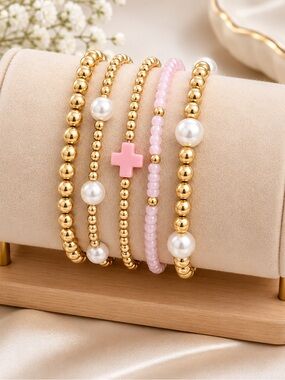 Layered Pink & Gold Beaded Bracelet Set